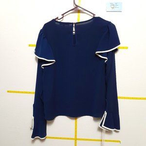 Navy Bell Sleeve Ruffle Long Sleeve Blouse Small
